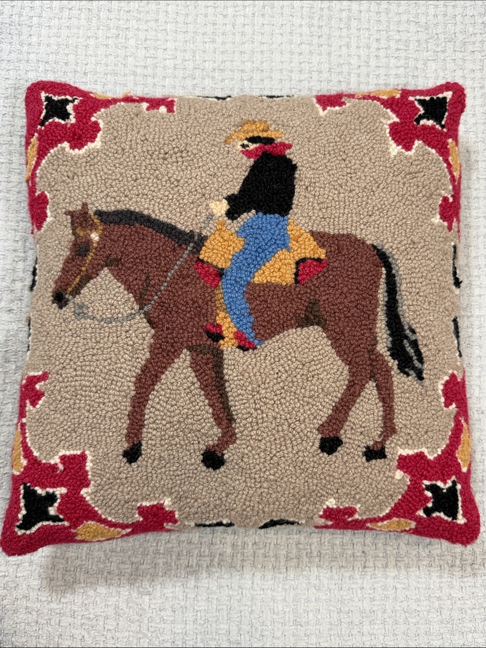 Western Equestrian Wool Hand Hooked Velvet Pillow Decor Tapestry Cream Tan Red